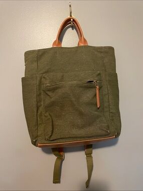 Universal Thread Olive Canvas Backpack with Tan Leather Handles
